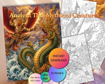 Ancient Thai Mythical Creatures Coloring 12Pages, Adult PDF Pack (Instant Download)