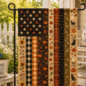 Autumn Patchwork Garden Flag, Vintage Farmhouse Fall Decor, Sunflower Pumpkin Ghost Cat Outdoor Yard Flag