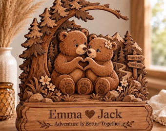 Personalized Bear Couple Wooden Plaque, Custom Names Anniversary Gift, Rustic Cabin Decor, Camping Couple Gift, Woodland Wedding Gift