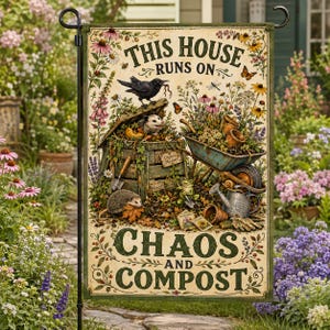 May include: A rectangular garden flag featuring the text THIS HOUSE RUNS ON CHAOS AND COMPOST. The illustration depicts a wooden compost bin, a wheelbarrow, a crow, an opossum, a hedgehog, a frog, and various garden flowers and insects.