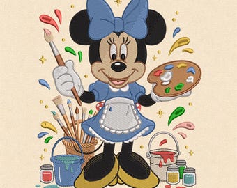 Artist Mouse Girl Embroidery Design, Colorful Paint Palette Whimsical Creative Character (Digital File)