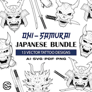 Japanisches Oni-Samurai-Bundle | 13 Vektor-Tattoo-Designs (ai, svg, pdf, png)