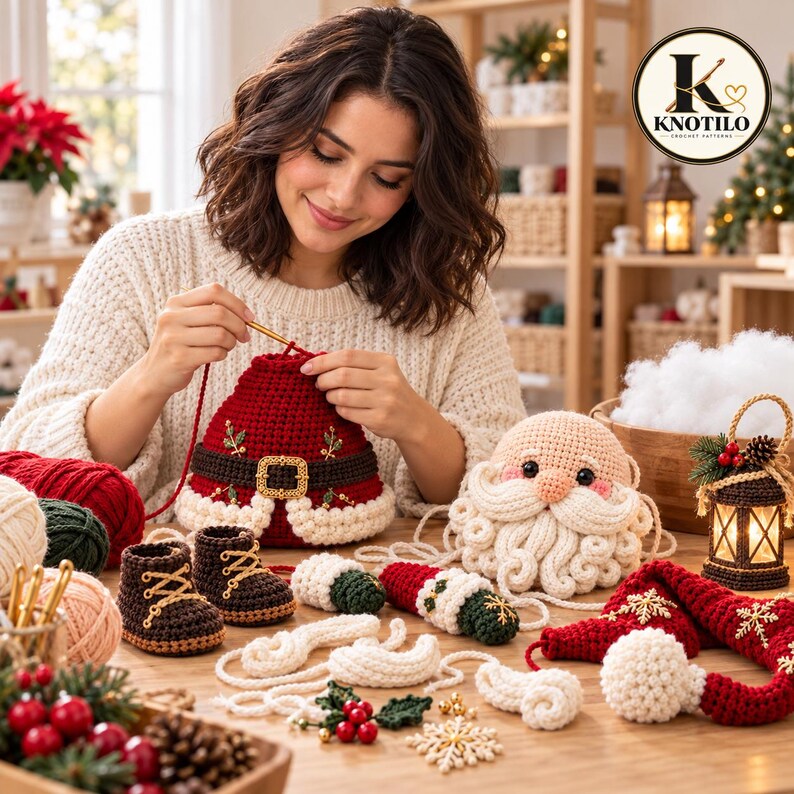 May include: A crochet Santa Claus project featuring a red hat with a brown belt, a round Santa face with a curly beard, two small brown boots, and a decorative lantern. The scene includes various yarn balls, holly sprigs, and snowflake ornaments.