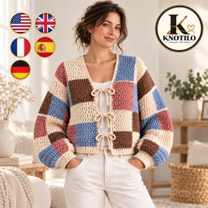 Crochet Patchwork Cardigan Pattern PDF, Tie Front Color Block Sweater, Cropped Balloon Sleeve Cardigan for Women, Digital Download