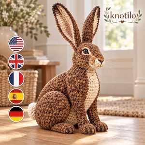 Könnte beinhalten: Eine braun-cremefarbene Häkelfigur eines Hasen mit langen Ohren, dunklen Augen und einem kleinen weißen Schwanz. Der Hase sitzt aufrecht auf einem Holzboden. Der Text "knotilo" ist oben rechts neben einem kleinen Herzsymbol zu sehen.