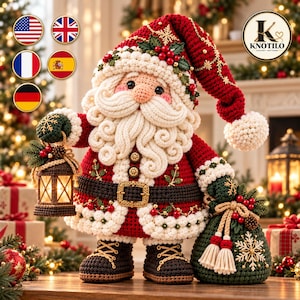 Santa Crochet Pattern PDF, Large Freestanding Christmas Amigurumi with Curly Beard, Lantern, Green Sack and Drooping Red Hat