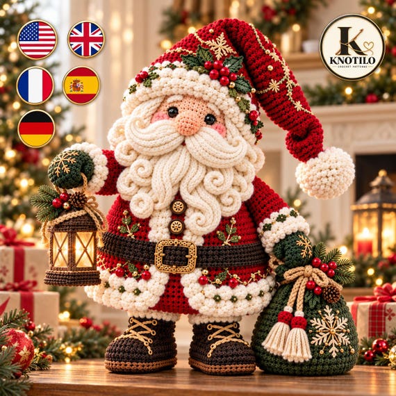 Santa Crochet Pattern PDF, Large Freestanding Christmas Amigurumi with Curly Beard, Lantern, Green Sack and Drooping Red Hat
