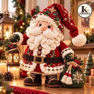 May include: A crocheted Santa Claus figurine wearing a red and white hat, a red coat with a dark belt, and brown boots. The figure holds a small brown lantern in one hand and a dark green sack with a white snowflake design in the other. The text KNOTILO is visible.