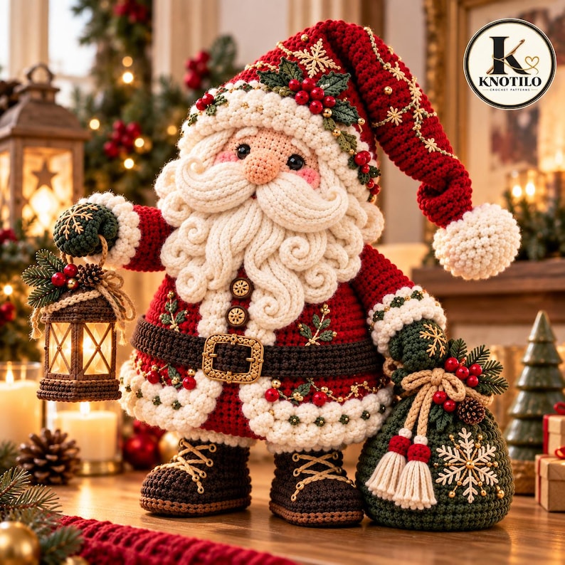 May include: A crocheted Santa Claus figurine wearing a red and white hat, a red coat with a dark belt, and brown boots. The figure holds a small brown lantern in one hand and a dark green sack with a white snowflake design in the other. The text KNOTILO is visible.