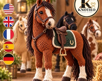 May include: A brown crocheted horse toy with a white blaze on its face, dark brown mane and tail, and white lower legs. It wears a dark brown bridle and a green saddle with a gold horseshoe emblem. The logo KNOTILO CROCHET PATTERNS is visible.