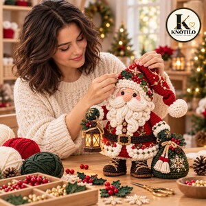 May include: A handcrafted crochet Santa Claus doll featuring a red and white suit, a long beard, a matching hat with holly accents, dark brown boots, and a green sack with a snowflake design. The figure holds a small, illuminated lantern.