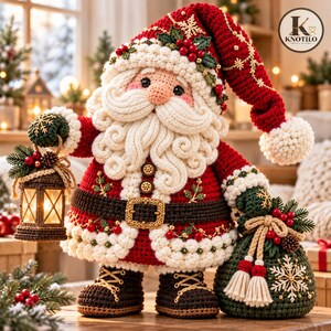 May include: A crocheted Santa Claus figurine wearing a red hat with white trim, a red coat with a brown belt, and dark brown boots. The figure holds a small brown lantern in one hand and a green sack with a white snowflake design in the other.