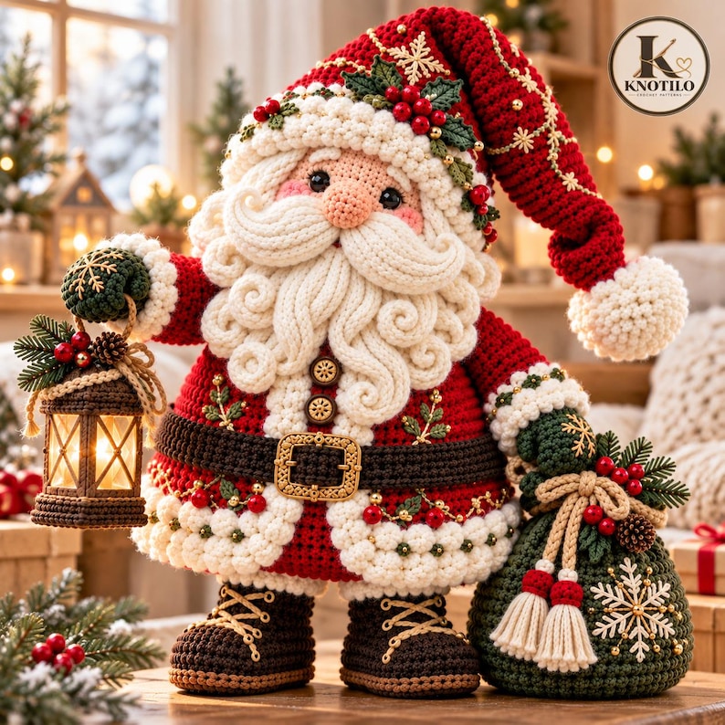 May include: A crocheted Santa Claus figurine wearing a red hat with white trim, a red coat with a brown belt, and dark brown boots. The figure holds a small brown lantern in one hand and a green sack with a white snowflake design in the other.
