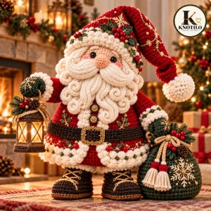 May include: A crocheted Santa Claus doll wearing a red hat with white trim, a red coat with a black belt, and dark boots. The doll holds a small brown lantern in one hand and a green sack with a white snowflake design in the other hand.