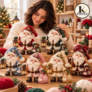 May include: A collection of six crocheted Santa Claus figurines in various colours including red, green, blue, pink, cream, and burgundy. Each Santa features a textured beard, a matching hat, a small lantern, and a gift bag with snowflake details.