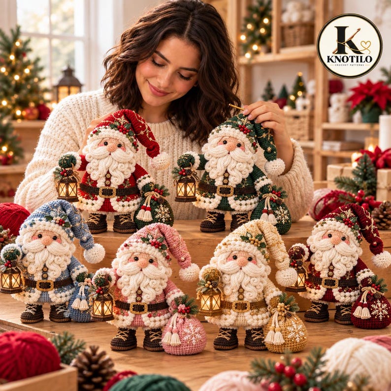 May include: A collection of six crocheted Santa Claus figurines in various colours including red, green, blue, pink, cream, and burgundy. Each Santa features a textured beard, a matching hat, a small lantern, and a gift bag with snowflake details.