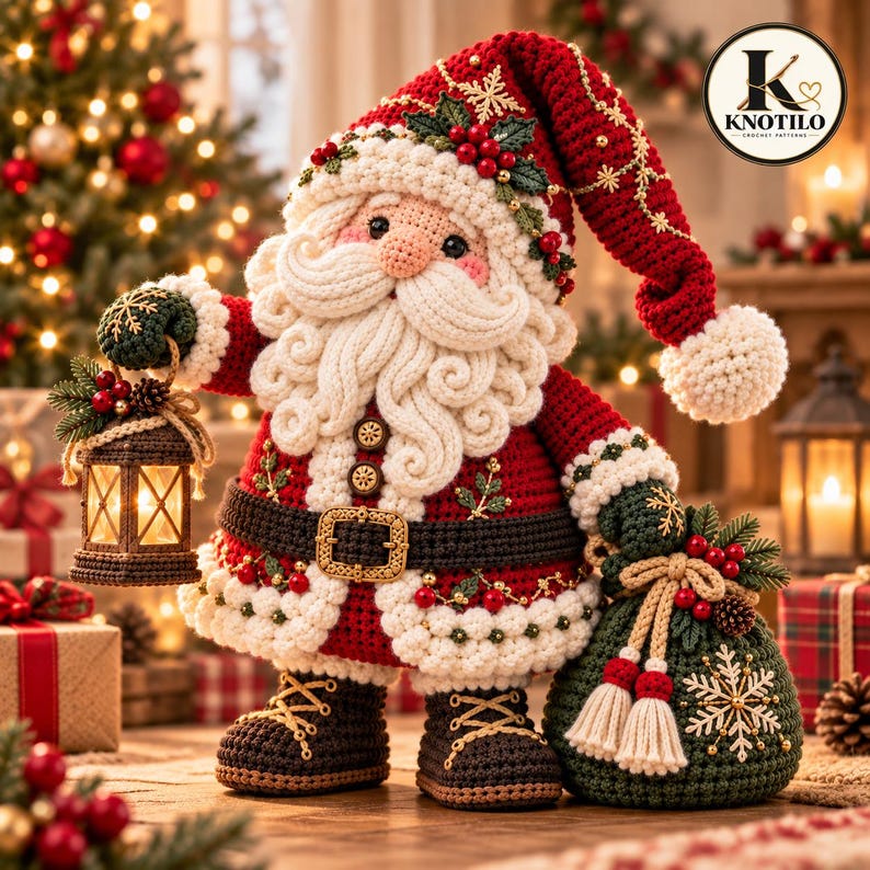 May include: A crocheted Santa Claus figurine wearing a red suit with white trim, a matching hat, and dark boots. The figure holds a small lantern in one hand and a green sack with a snowflake design in the other. The text KNOTILO is visible.