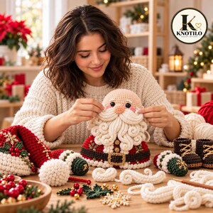 May include: A crocheted Santa Claus figure with a cream-coloured beard, red coat, and brown belt with a gold buckle. The set includes a matching red hat with white trim, holly leaves, and berries, plus two small brown boots and loose yarn pieces.