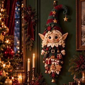 May include: A crocheted elf wall hanging featuring a long red and green striped hat with gold stars, curly blonde hair, and pointed ears. The elf is adorned with miniature gift boxes, peppermint candies, gingerbread men, and gold bells.