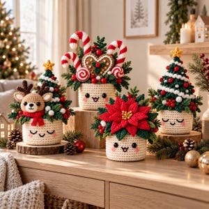 Op de afbeelding: Vier gehaakte kerstdecoraties in crèmekleurige potjes met geborduurde gezichtjes. Eén bevat een rendier en boom, één heeft zuurstokken en een hart, één toont een rode kerstster en één is een versierde kerstboom met een gele ster.
