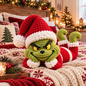 Virkmönster för gröna julbusar, amigurumimönster för grinig jultomte, virkad juldocka i PDF-format, DIY-mönster för julplysch, juldekorationer
