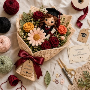 Könnte beinhalten: Ein Häkelstrauß mit einer Puppe in schwarzer Doktorhut- und Robenkleidung, die ein Diplom hält. Das Arrangement enthält rote, gelbe und orangefarbene Rosen, ein großes blassrosa Gänseblümchen und grüne Blätter, eingewickelt in beiges Häkelpapier mit einem burgunderroten Band und einem Etikett mit der Aufschrift Happy Graduation.