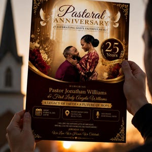 May include: A rectangular flyer for a pastoral anniversary featuring a photo of a couple, gold text reading Pastoral Anniversary, Celebrating God's Faithfulness, 25 Years, and details for Pastor Jonathan and First Lady Angela Williams.