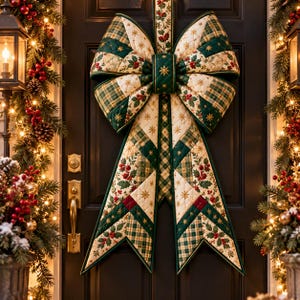 Puede incluir: Un gran lazo de tela acolchada con un diseño de patchwork en verde oscuro, crema y cuadros, con motivos de bayas de acebo y estrellas doradas. El lazo tiene dos bucles anchos y dos extremos largos y puntiagudos que cuelgan sobre una puerta.
