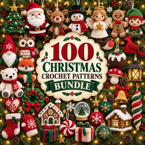 Puede incluir: Una colección de 100 patrones de ganchillo navideños que presenta figuras amigurumi como Santa, un reno, un muñeco de nieve, un ángel, un hombre de jengibre, un elfo, un gnomo, un búho, un zorro, un oso y varios adornos y decoraciones.