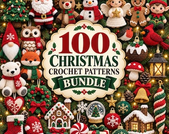 May include: A collection of 100 Christmas crochet patterns featuring amigurumi figures like Santa, a reindeer, a snowman, an angel, a gingerbread person, an elf, a gnome, an owl, a fox, a bear, and various holiday ornaments and decorations.
