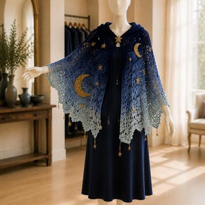 May include: A hooded crochet cape featuring an ombre color transition from dark navy blue at the top to light blue at the bottom. The cape is adorned with gold-colored crescent moon and star appliques and small dangling star charms along the hem.