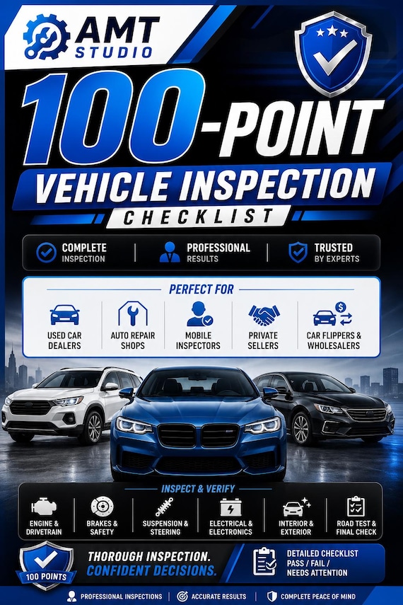 100-Point Vehicle Inspection Checklist, Dealer Auto Report (Digital Download),AMT STUDIO,Used Car Inspection,Car Maintenance Checklist