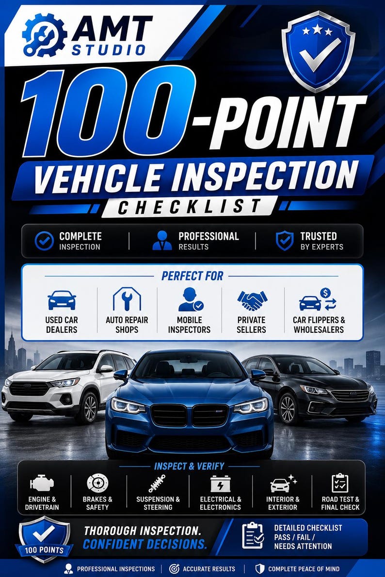 May include: A blue and white 100-point vehicle inspection checklist graphic by AMT Studio. It features text, icons for engine, brakes, suspension, electrical, interior, and road test, plus images of three cars and a list of target users.