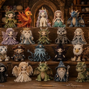 May include: A collection of various crocheted fantasy figures arranged on wooden steps, including a phoenix, unicorn, mermaid, blue dragon, white tiger, pirate, octopus, dark fairy, griffin, grim reaper, angel, green dragon, and wizard.