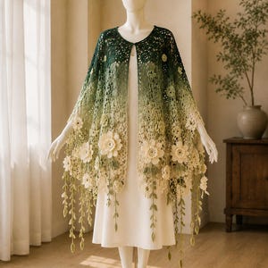 May include: A crochet cape featuring an ombre color gradient transitioning from dark forest green at the neckline to a pale cream at the hem. The garment is adorned with three-dimensional cream-colored floral appliques and hanging vine motifs.