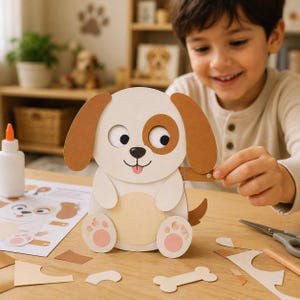 Puede incluir: Un proyecto de manualidades en papel que muestra una figura de cachorro blanca y tostada con orejas marrones, lengua rosa y vientre redondo. El cachorro está construido con piezas de cartulina superpuestas, incluyendo un hueso y varios recortes.