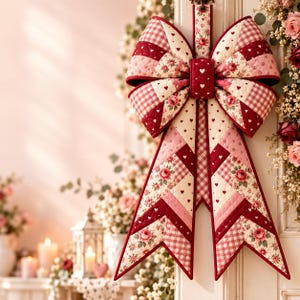 May include: A quilted fabric bow decoration featuring a patchwork design of red, pink, and cream colours. The pattern includes floral prints, gingham checks, and small white hearts. The bow has two large loops and two long, pointed tails.