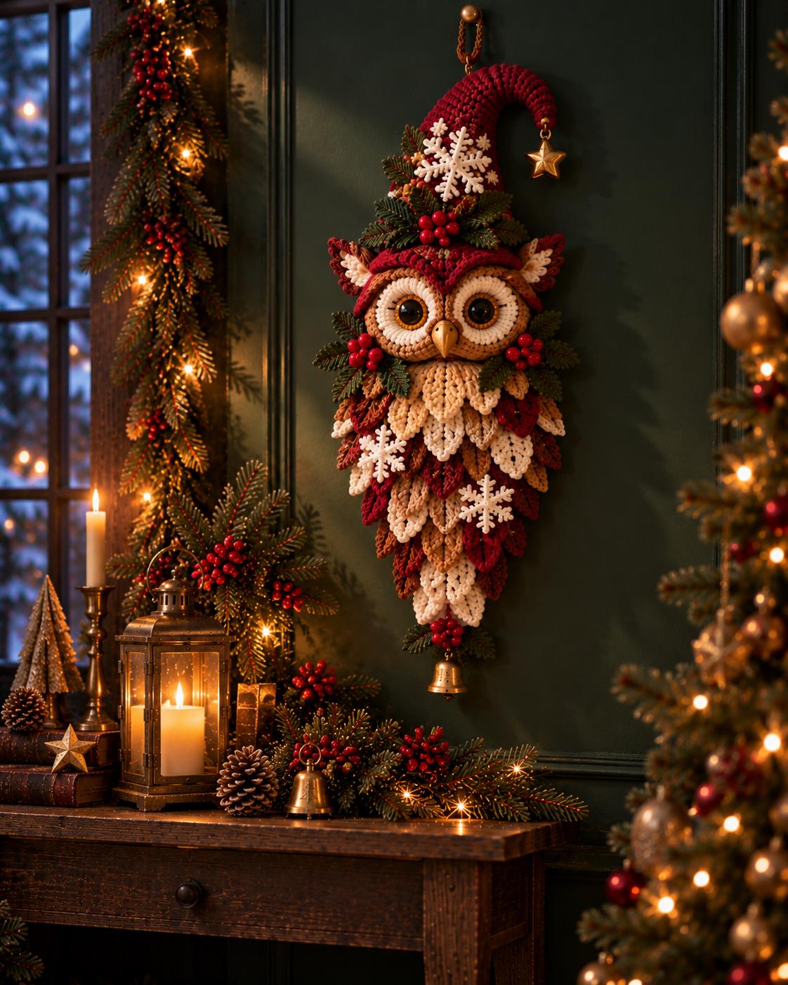 Enchanted Holly Owl Gnome Crochet Pattern PDF, Christmas Owl Wall Hanging, Woodland Holiday Crochet 