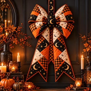 Pode incluir: Um grande laço decorativo com um padrão acolchoado de quadrados xadrez laranja e pretos alternados com tecido creme adornado com luas crescentes pretas e estrelas douradas, pendurado verticalmente contra uma parede escura.