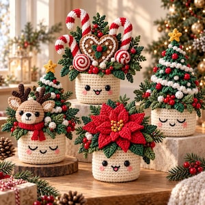 Op de afbeelding: Vier gehaakte kerststukjes in crèmekleurige potjes met geborduurde gezichtjes. Ze bevatten een rendier, een kerstster, een kerstboom en een peperkoekhart met zuurstokken, allemaal versierd met groen blad en rode bessen.
