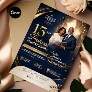 Könnte beinhalten: Ein dunkelblauer und goldener Flyer für ein 15-jähriges Pastorenjubiläum mit einem Foto des Paares, Pastor Robert und Lady Amanda Thompson. Der Text enthält Veranstaltungsdetails, das Datum 6. Dezember 2026, die Uhrzeit 11:00 bis 15:00 Uhr und den Ort.