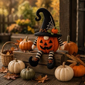 May include: A crocheted pumpkin-shaped figure with a black witch hat featuring a white spiderweb design and a small orange pumpkin accent. The figure has a jack-o'-lantern face, dangling arms and legs with black and white stripes, and black shoes.