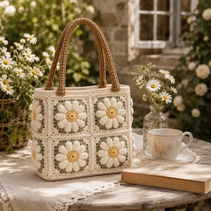 Puede incluir: Un bolso de ganchillo hecho de paneles cuadrados con motivos de margaritas blancas y centros amarillos sobre un fondo verde salvia, con dos asas de ganchillo marrones. El bolso tiene una forma rectangular estructurada y bordes color crema.