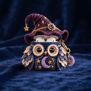 May include: A dark blue and purple crocheted owl cover for wireless earbuds. The owl wears a matching pointed hat with gold star accents and a central purple gem. The body features embroidered gold stars, a purple crescent moon, and a gold keychain.