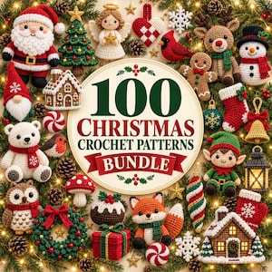 Op de afbeelding: Een verzameling van 100 kerst haakpatronen met amigurumi figuren waaronder de Kerstman, een rendier, een sneeuwpop, een elf, een beer, een uil, een vos, een peperkoekmannetje, een kardinaal, een roodborstje, een huisje en diverse kerstversieringen.