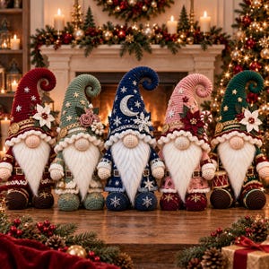 May include: Five crocheted gnome figurines standing in a row. Each gnome wears a tall, pointed hat decorated with various motifs like snowflakes, flowers, or a crescent moon. They have long white beards, round noses, and detailed outfits.