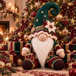 May include: A crocheted Christmas gnome doll featuring a tall green pointed hat with gold stars, a white poinsettia accent, and a long white beard. The gnome wears a green and red outfit with gold trim, holding a small red and gold drum toy.