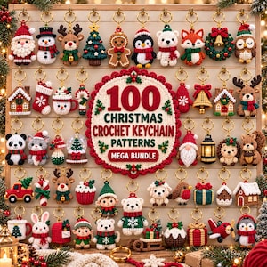 May include: A collection of various crocheted Christmas-themed keychains displayed on a board, featuring figures like Santa, reindeer, snowmen, and animals. A central sign reads 100 CHRISTMAS CROCHET KEYCHAIN PATTERNS MEGA BUNDLE.