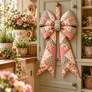 Mönster med quiltad rosett i blommigt mönster, sömnadsmönster för vårdörrrosett i PDF-format, rosett i salviafärgad tyg, mönster med lapptäcksrosett, sömnad i Cottagecore