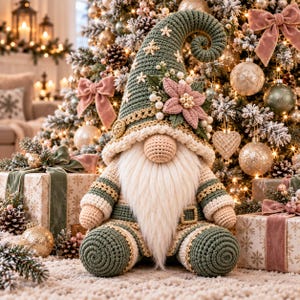 Può includere: Una statuetta di gnomo all'uncinetto con un alto cappello a punta verde salvia con la punta arricciata, decorato con fiocchi di neve bianchi, una stella di Natale rosa e perle. Lo gnomo ha un naso beige, una lunga barba bianca e abiti verde e crema.